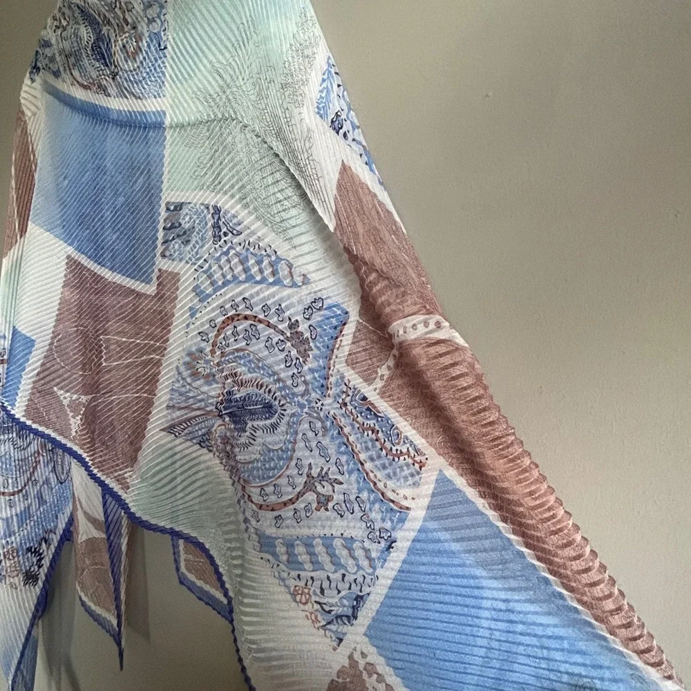 Chicos Womens Blue Brown Paisley Patchwork Pleated‎ Wrap Scarf One Size